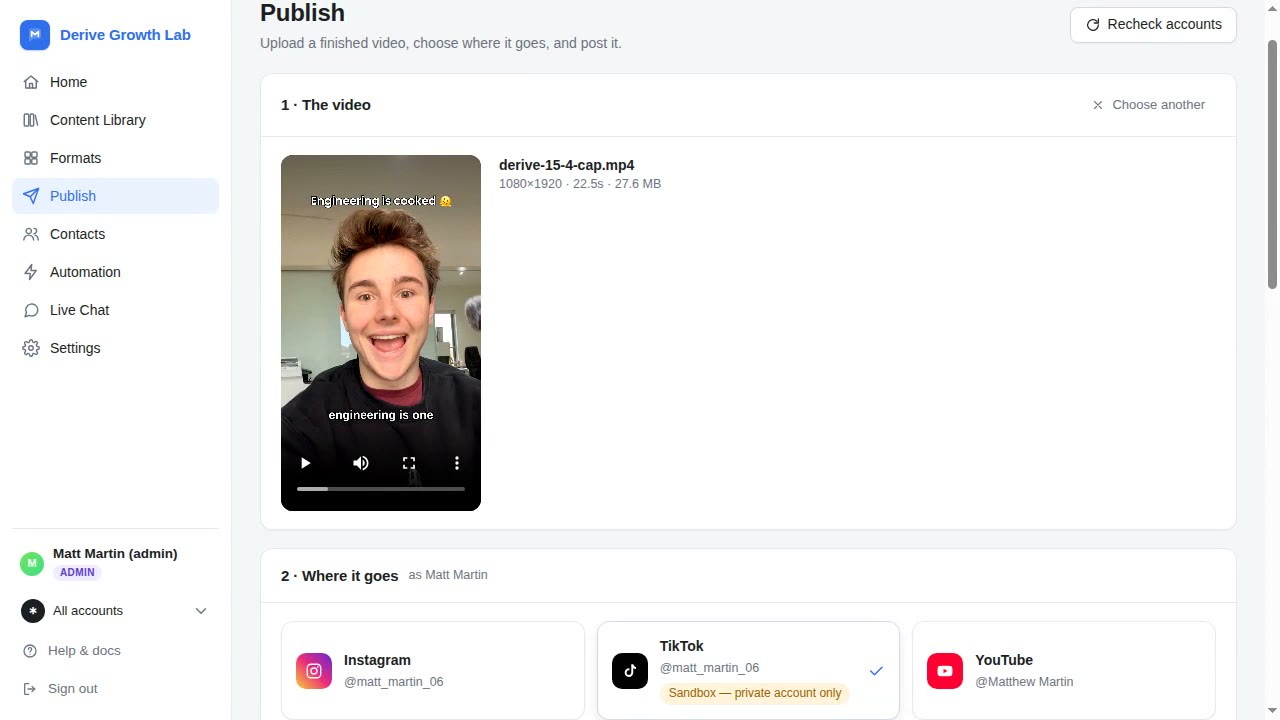 The Publish page: a selected video with its dimensions and duration, and the connected Instagram, TikTok and YouTube accounts to choose between.