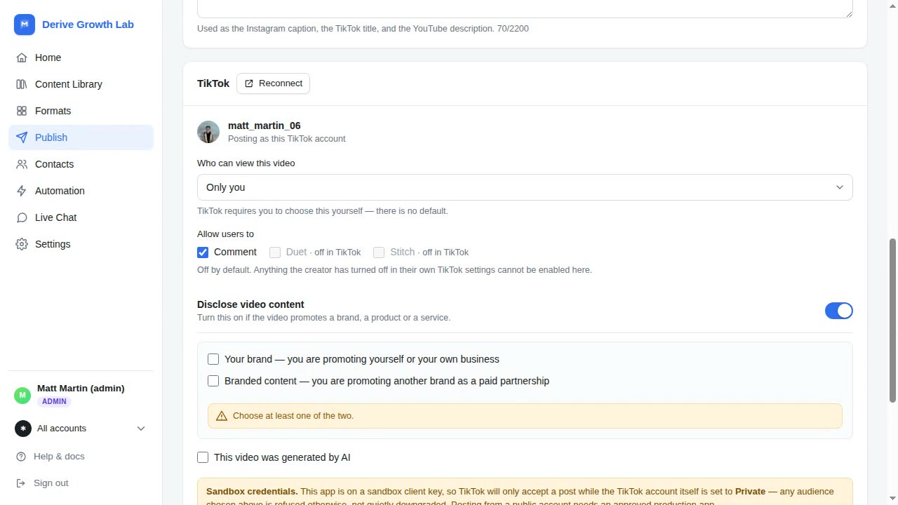 The TikTok section: the connected creator's avatar and nickname, an audience dropdown with no default, comment, duet and stitch toggles, and the commercial content disclosure.