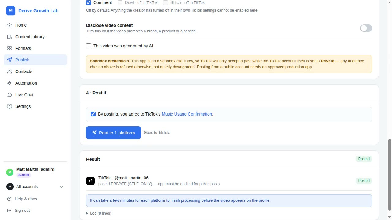 The confirm-and-post step: the Music Usage Confirmation checkbox above the Post button, and a Result panel reporting the post as Posted.